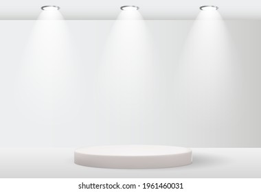 Fondo terciario blanco con lámpara de iluminación para presentación de productos cosméticos, revista de moda. Copiar ilustración vectorial de espacio EPS10