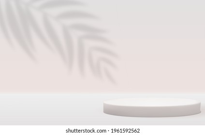White 3d  pedestal background with realistic  palm leaves shadow for cosmetic product presentation, fashion magazine. Copy space vector illustration EPS10