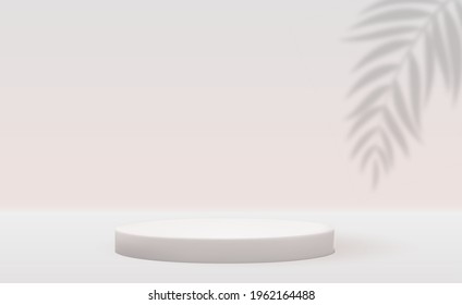 White 3d  pedestal background with realistic  palm leaves shadow for cosmetic product presentation, fashion magazine. Copy space vector illustration EPS10