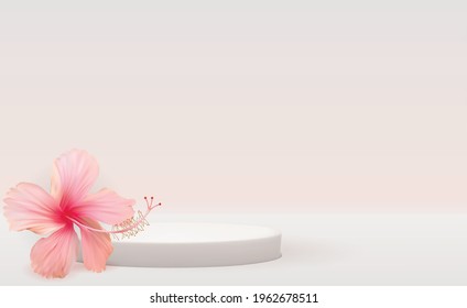 White 3d  pedestal background with realistic hibiscus flower for cosmetic product presentation, fashion magazine. Copy space vector illustration EPS10