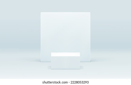 White 3d pedestal cube stage squared wall geometric construction for product promo presentation realistic vector illustration. Podium basic foundation retail merchandise advertising minimalist stage