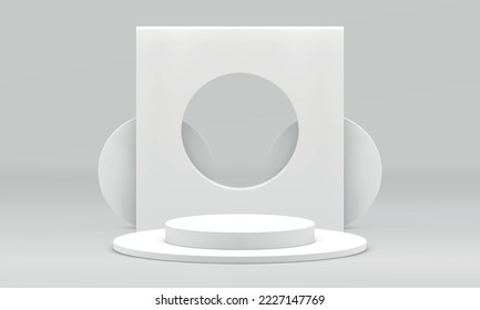 Celebración del evento de presentación de promo de producto 3d de plataforma geométrica peatonal blanca 3d ilustración vectorial realista. Pantalla de exhibición de la muestra de la geometría de la base posológica