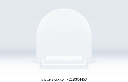 White 3d pedestal squared stair basic foundation promo advertising space studio background realistic vector illustration. Podium geometric minimalist rendering platform for product performance