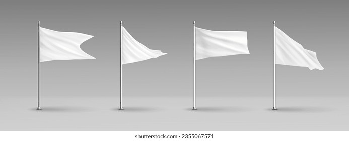 White 3d pennant flag sign isolated vector mockup. Realistic fabric wave on metal pole for advertising. Clear festival rectangular sport flagpole set. Big waving cotton textile graphic template