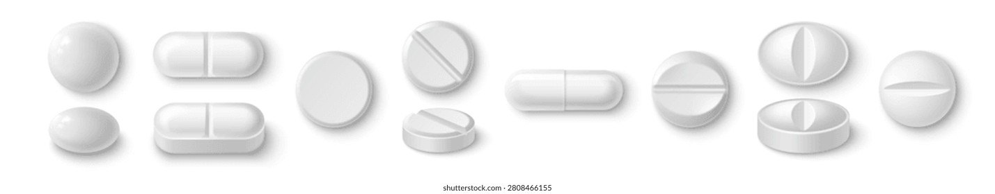 White 3d pill and tablet mockup with realistic shadow, vector set isolated on background. Medical capsule icon for healthcare, pharmacy branding, vitamin packaging, or pharmaceutical design