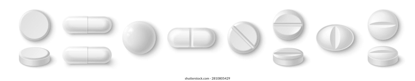 White 3d pill and tablet mockup with realistic shadow, vector set isolated on background. Medical capsule icon for healthcare, pharmacy branding, vitamin packaging, or pharmaceutical design