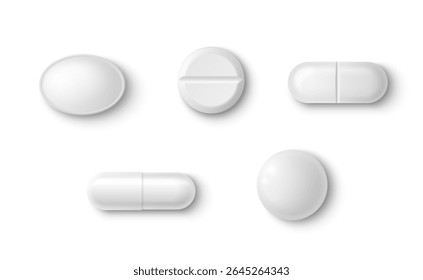 White 3d pills collection - oval tablets, scored round forms, capsule shapes with shadows for medical presentation design. Pharmaceutical medicine mockups of different drug types and dosage formats.