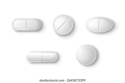 Coleção de pílulas 3d brancas - comprimidos ovais, formas redondas com ranhura, formas de cápsula com sombras para design de apresentação médica. Modelos de medicamentos farmacêuticos de diferentes tipos de medicamentos e formatos de dosagem.