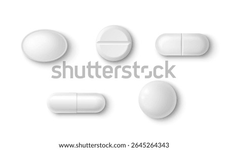 White 3d pills collection - oval tablets, scored round forms, capsule shapes with shadows for medical presentation design. Pharmaceutical medicine mockups of different drug types and dosage formats.