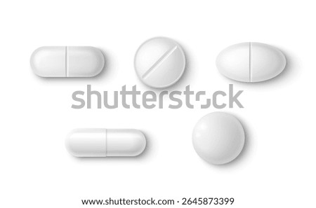 White 3d pills collection - oval tablets, scored round forms, capsule shapes with shadows for medical presentation design. Pharmaceutical medicine mockups of different drug types and dosage formats.