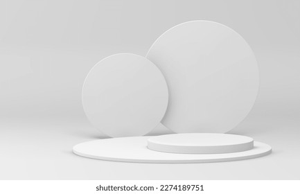 White 3d podium cylinder platform basic construction award arena event celebration realistic vector illustration. Pedestal round architecture minimal design studio background for promo presentation