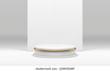 White 3d podium cylinder stage level with golden decor element product showcase realistic vector illustration. Rounded scene pedestal decorative display award arena platform studio background