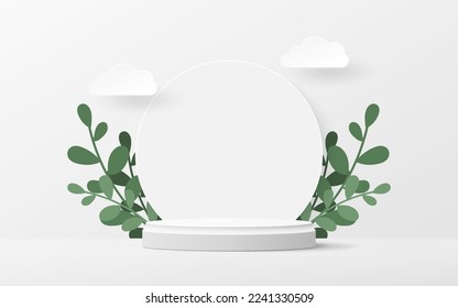 White 3d podium with floral background design. Vector illustration. Eps10