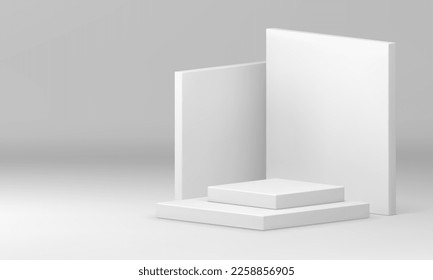 White 3d podium geometric stage level steps basic foundation construction realistic vector illustration. Pedestal stairs rectangular corner merchandise showcase for product presentation display