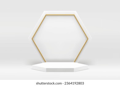 White 3d podium hexagonal luxury pedestal mock up for cosmetic product show presentation vector illustration. Pastel showroom geometric empty display realistic composition promo studio background