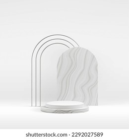 White 3d podium with luxury silver thin wired and marble arches as elegant cosmetic product demonstration background.