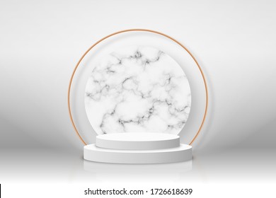 White 3d podium with marble texture and golden elements. Empty stage or pedestal mockup illuminated with spotlight. Podium or platform for award ceremony and product presentation. Vector