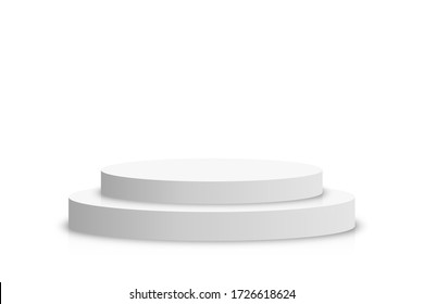 White 3d podium mockup in circle shape. Empty stage or pedestal mockup isolated on white background. Podium or platform for award ceremony and product presentation. Vector
