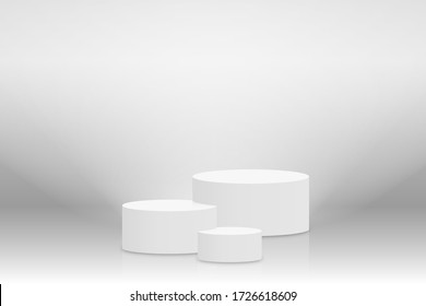 White 3d podium mockup in cylinder shape. Empty stage or pedestal mockup illuminated with spotlight. Podium or platform for award ceremony and product presentation. Vector