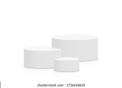 White 3d podium mockup in cylinder shape. Empty stage or pedestal mockup isolated on white background. Podium or platform for award ceremony and product presentation. Vector