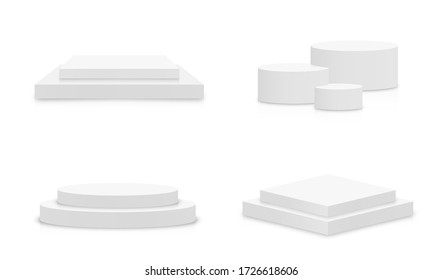 White 3d podium mockup in different shapes. Set of empty stage or pedestal mockups isolated on white background. Podium or platform for award ceremony and product presentation. Vector