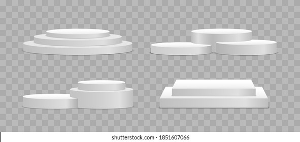 White 3d podium mockup in different shapes. Round and square empty stages and podium stairs vector 3d template. Pedestal and platform, stand stage, cylinder. Template for promotional items.