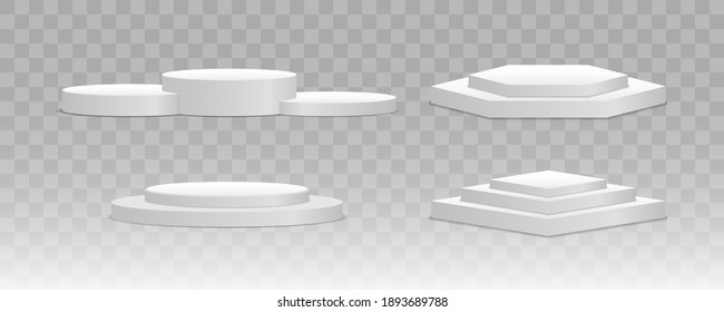 White 3d podium mockup in different shapes. Pedestal and platform, stand stage, cylinder. Template for promotional items. Round and square empty stages and podium stairs vector 3d template. 