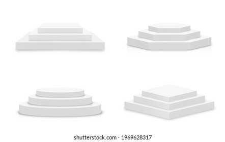 White 3d podium mockup in different shapes. Set of empty stage or pedestal mockups isolated on white background. Podium or platform for award ceremony and product presentation. Vector