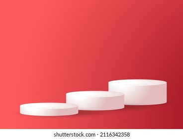 White 3d podium mockup on red background. Empty stage or pedestal mockup isolated on red background. Podium or platform for award ceremony and product presentation.