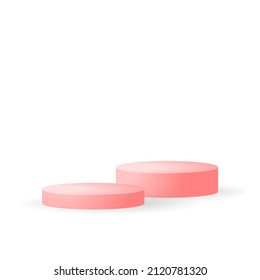 White 3d podium mockup on red background. Empty stage or pedestal mockup isolated on red background. Podium or platform for award ceremony and product presentation.