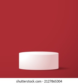 White 3d podium mockup on red background. Empty stage or pedestal mockup isolated on red background. Podium or platform for award ceremony and product presentation.