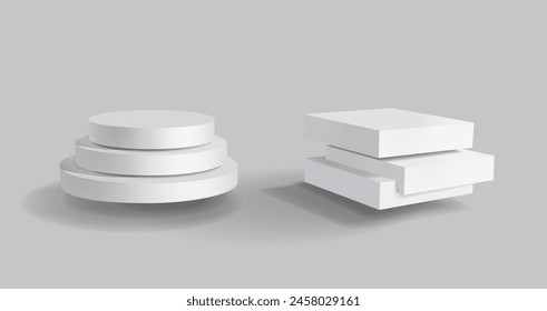 White 3d podium mockup. Round and square empty stages. Pedestal and platform in different shapes. Display showcase Isolated on white background. Product presentation element. Vector