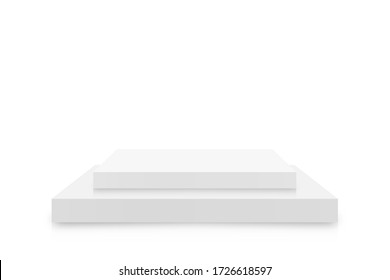 White 3d podium mockup in square shape. Empty stage or pedestal mockup isolated on white background. Podium or platform for award ceremony and product presentation. Vector