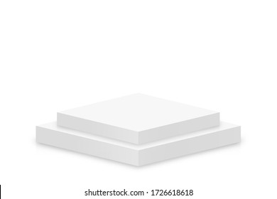 White 3d podium mockup in square shape. Empty stage or pedestal mockup isolated on white background. Podium or platform for award ceremony and product presentation. Vector