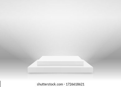 Modelación del podio blanco 3d en forma cuadrada. Escenario vacío o burla peatonal iluminada con luz reflexiva. Podium o plataforma para la ceremonia de entrega de premios y presentación de productos. Vector