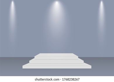 White 3d podium mockup in square shape. Empty stage or pedestal mockup isolated on white background. Podium or platform for award ceremony and product presentation. Vector 