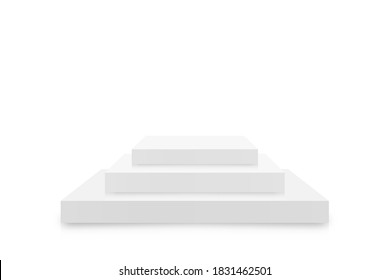 White 3d podium mockup in square shape. Empty stage or pedestal mockup isolated on white background. Podium or platform for award ceremony and product presentation. Vector