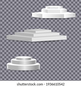 Modelación del podio blanco 3d en forma cuadrada. Escenario vacío o paro peatonal aislado en fondo blanco. Podium o plataforma para la ceremonia de entrega de premios y presentación de productos. Vector 
