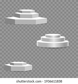 Modelación del podio blanco 3d en forma cuadrada. Escenario vacío o paro peatonal aislado en fondo blanco. Podium o plataforma para la ceremonia de entrega de premios y presentación de productos. Vector 