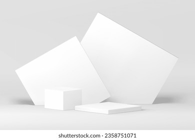 White 3d podium neutral commercial pedestal for product promo presentation realistic vector illustration. Geometric showcase squared platform with abstract angular background for shopping sale show