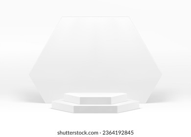 Cavilla de escalón 3d de podio blanco en tonos pastel con fondo de pared hexagonal ilustración vectorial realista. Pantalla de promoción geométrica de diseño neutra en la sala de exposición vacía para presentación comercial de productos