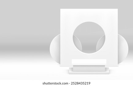 White 3d podium pedestal with geometric wall background for promo realistic vector illustration. Light squared platform with circle hole frame backdrop shopping sale product commercial presentation
