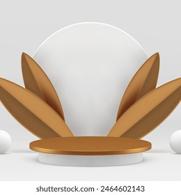 White 3d podium pedestal with golden leaves mock up for product show realistic vector illustration. Luxury advertising stand commercial display with sphere and circle wall background