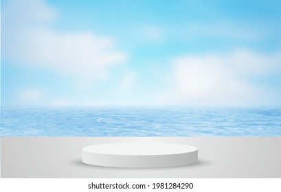 podio blanco 3d para visualización de productos peatonales, playa de verano con fondo azul de mar y bandera del cielo. presentación de productos, simulación de podio, pedestal o plataforma. 3.ᵉʳ vector