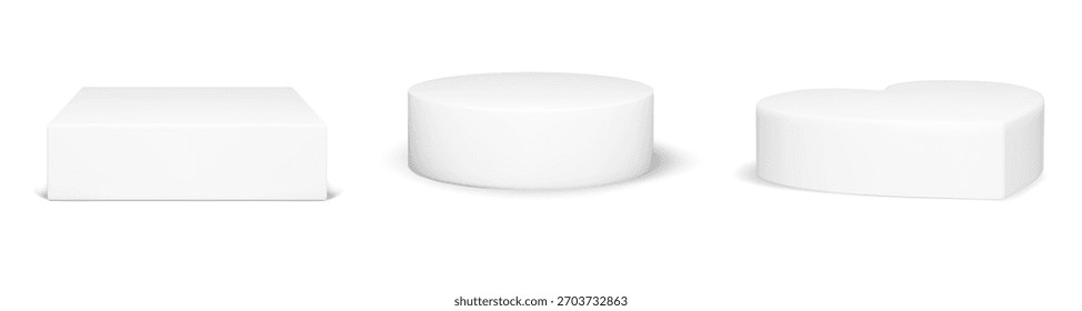 Plataforma blanca del podio 3d fijada con el corazón, el cilindro y la forma del cubo para la exhibición del producto. Pedestal redondo del círculo, caja cuadrada y base del amor en estilo realista mínimo. Vector de representación de estudio aislado.