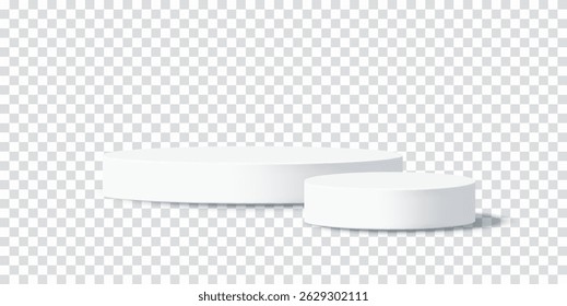 White 3D podium platforms for product presentation. Realistic stage background. Vector illustration isolated on transparent background