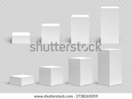 White 3d podium. Realistic product platform, blank pedestal. Exhibition stage, cube display in perspective. Showcase in empty studio room. Presentation stand, cosmetic box packaging. Vector set.
