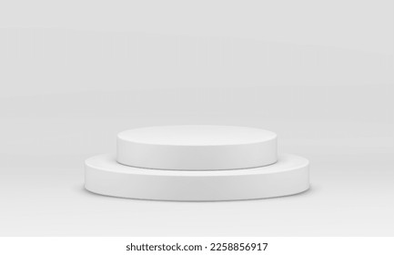 White 3d podium round steps stage award arena for event win competition celebration realistic vector illustration. Pedestal cylinder construction retail merchandise basic foundation level decor design