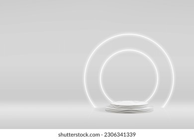 White 3d podium scene for award ceremony. Geomertic pedestal for prize or product presentation. Marble beauty cometic platform. Round light line or ring lamp.