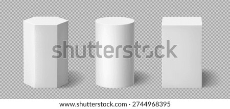 White 3D podium set of cylinder, hexagon and rectangle platforms. Realistic display stands for product presentation, museum exhibits or winner ceremonies. Showroom or studio presentation mockup. ストックフォト © 